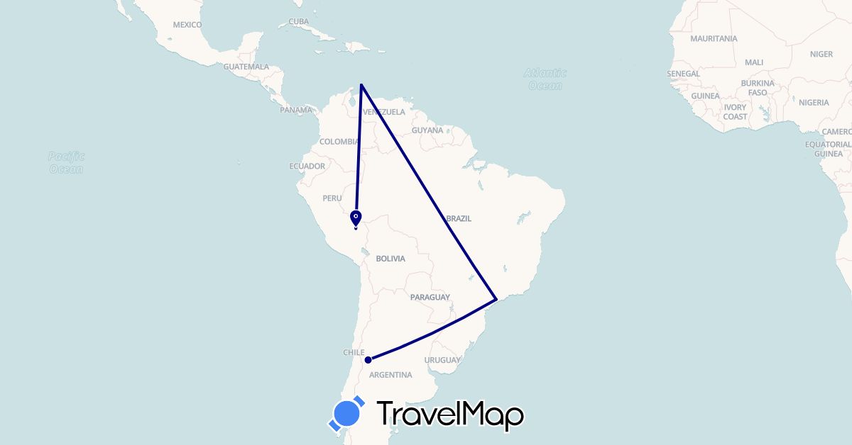 TravelMap itinerary: driving in Argentina, Aruba, Brazil, Peru (North America, South America)